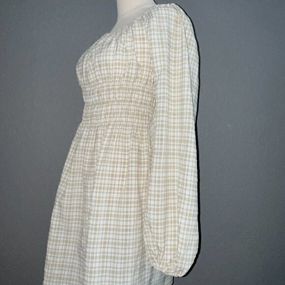 LEYDEN Smocked Boho Mini Peasant Prairie Beige & White Plaid Dress - NWT - L - Picture 13 of 16